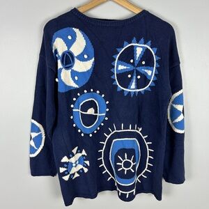 VINTAGE Cotton Sweater Sun Prints Large Blue White 90s Bold Coastal Beach Retro